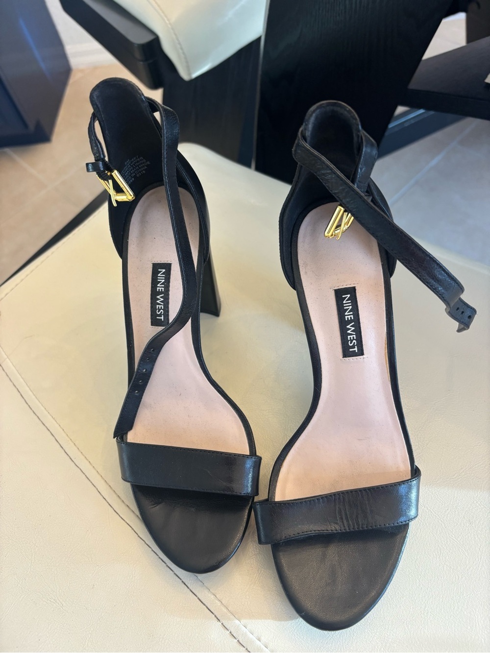 Nine West Black Leather Ankle-Strap Block Heels with Gold Buckles